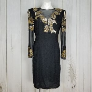 Vintage Joan Leslie Black Silk Gold Beaded Dress